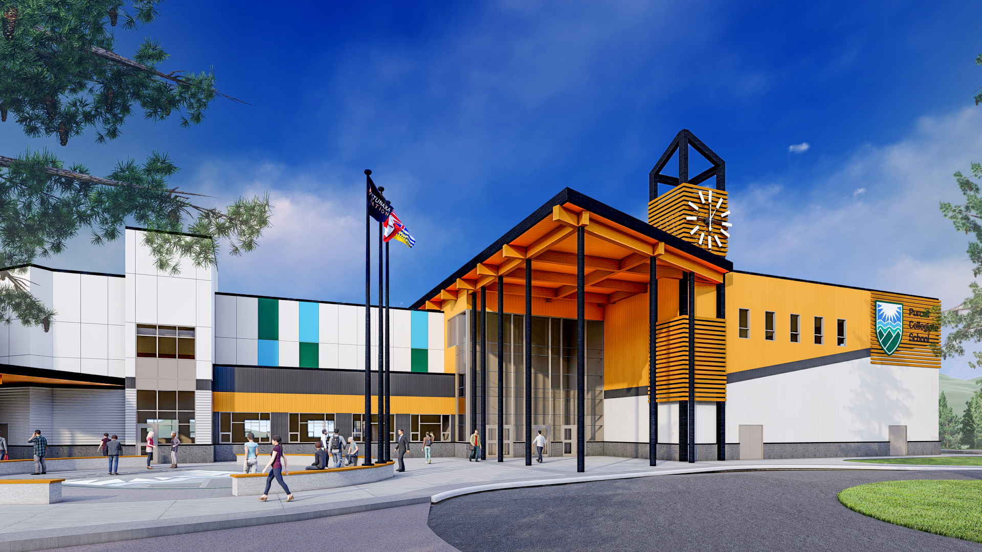 Perspective rendering of Purcell Collegiate with three flag posts, wooden and white building cladding.